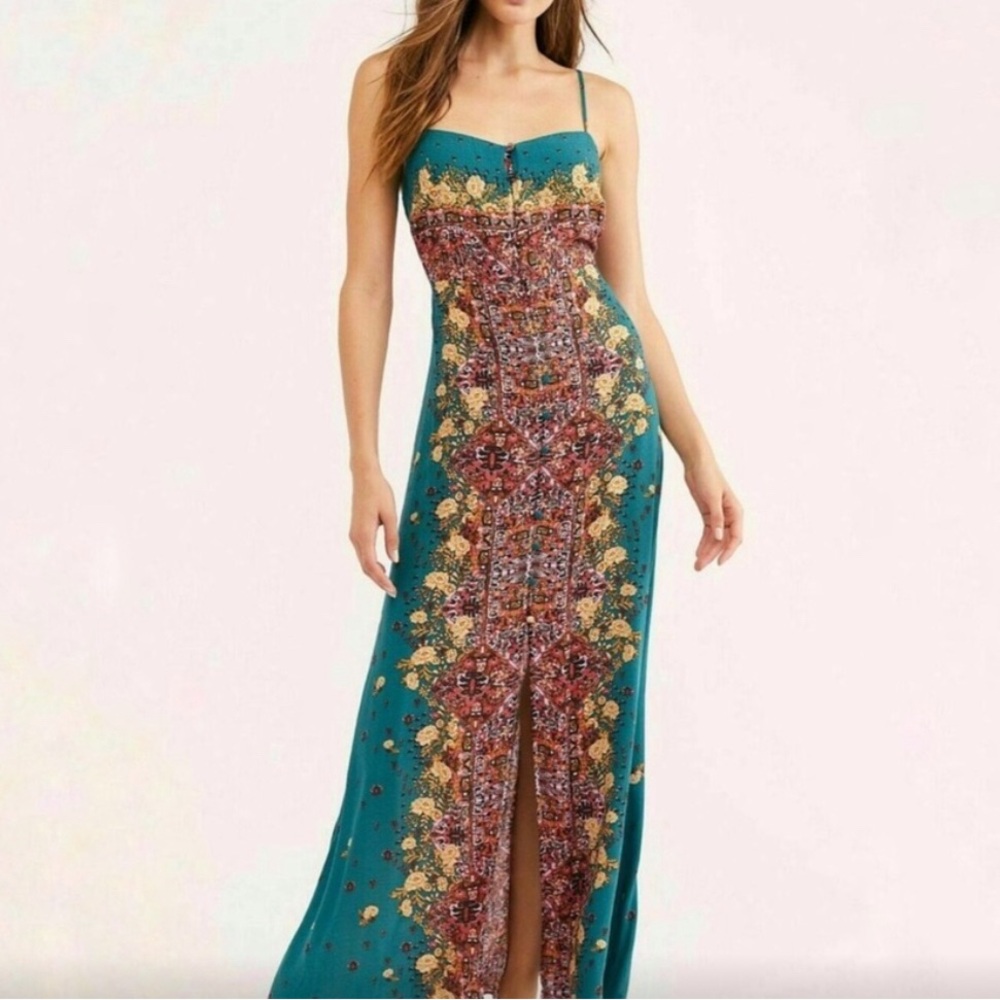Free People Teal and Red Patterned Maxi Dress